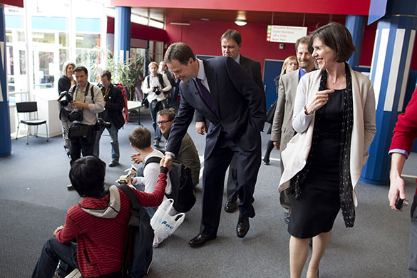 Campaigning with Clegg: Clegg shakes hands with a student at Oxford Brookes University