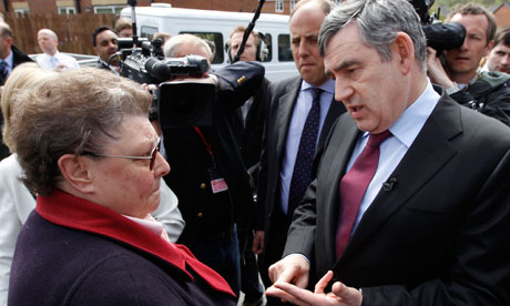 Gordon Brown speaks to Gillian Duffy, who he later called a 'bigoted woman', on 28 April 2010.