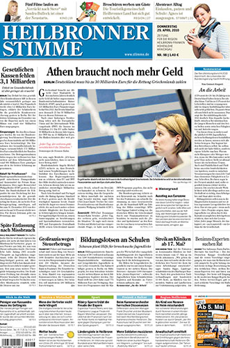 German front pages: Front pages of German newspapers Thursday 29th April 2010 about Greece debt