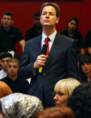 Election campaigning: Nick Clegg answers questions from students at South Birmingham College 