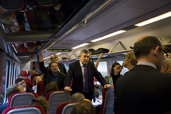 Martin Argles election: Prime MInister Gordon Brown talks to the media on a train to Bournemouth