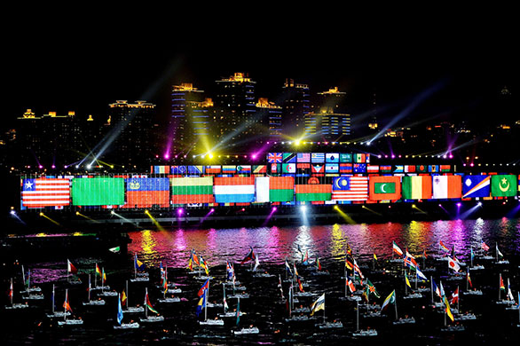 China expo: Boats carrying flags of participating countries during the World Expo