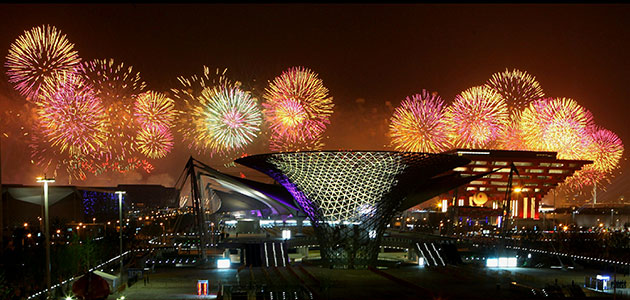 China expo: Fireworks over China Pavilion (R) and the Expo Axis (L) during World Expo