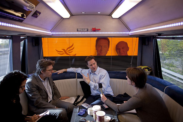 Campaigning with Clegg: Nick Clegg is interviewed by the Guardian in the back of his battle bus