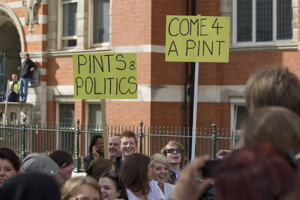 Campaigning with Clegg: Supporters at a rally at Leicester University 