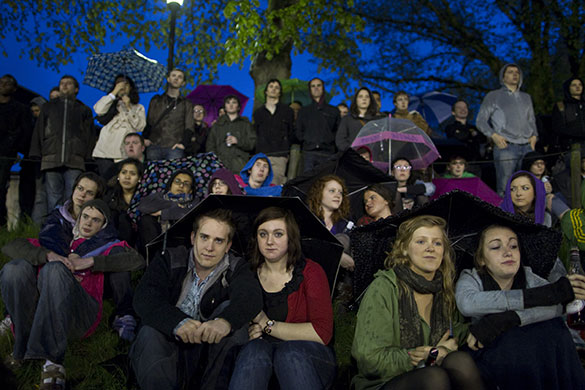 Campaigning with Clegg: Students from the University of Birmingham watch the third election debate
