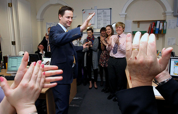 brown calls election: Liberal Democrat leader Nick Clegg at head office 