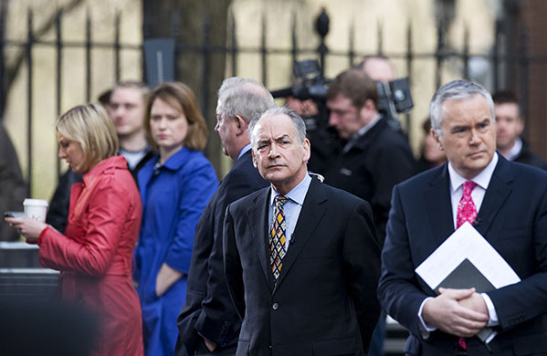 brown calls election: Television news anchors wait for the prime minister to leave Downing Street