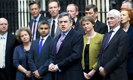 Gordon Brown, surrounded by his cabinet, announces the election date outside No 10 Downing Street