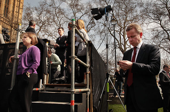 brown calls election: Sarah Teather, Michael Gove and David Miliband on college green