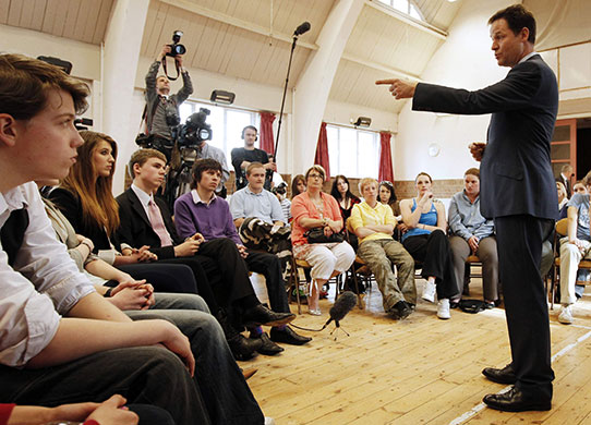 Election campaign: Leader of the Liberal Democrat party Nick Clegg gestures in Watford