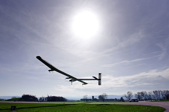 Solar Impulse: The solar powered aircraft, with test pilot Markus Scherdel on board