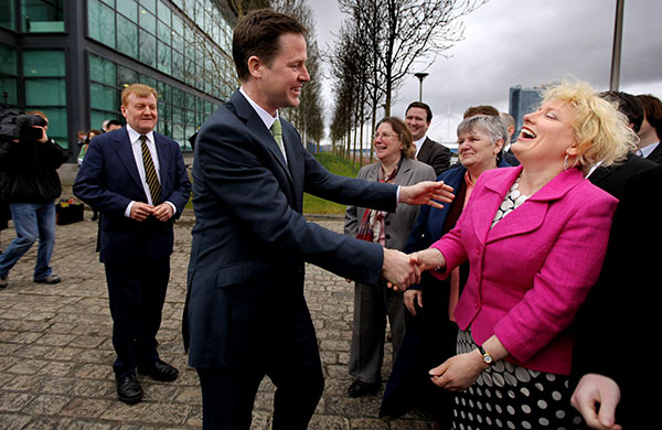 Election campaign: Nick Clegg on the general election campaign trail in Glasgow, Scotland