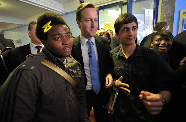Election campaign: Conservative Party leader David Cameron with students in Bermondsey