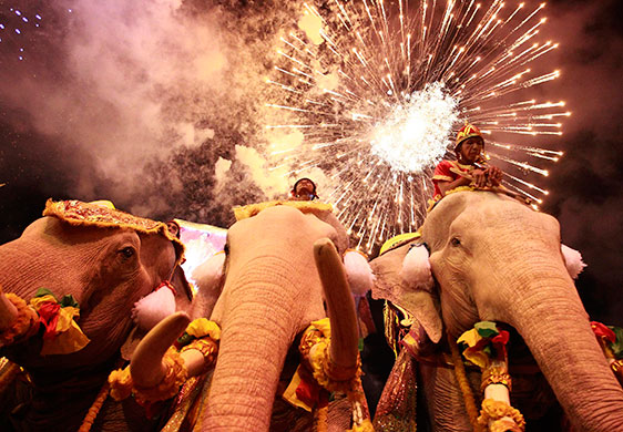 24 hours in pictures: Mahouts sit atop elephants during a ceremony in Bangkok's Royal Plaza