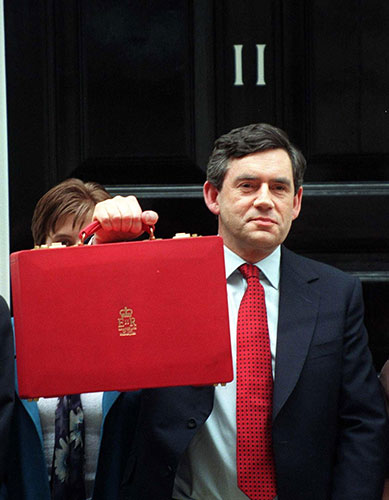 Gordon Brown: Chancellor Gordon Brown holding aloft the new Budget Box in 1997