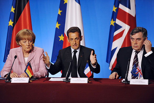 Gordon Brown: Gordon Brown, right with President Sarkozy and Angela Merkel at a meeting