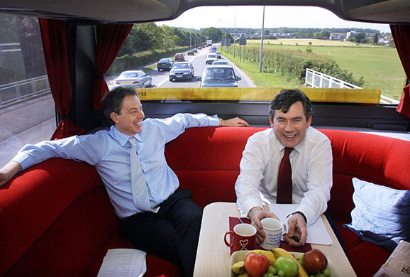 Gordon Brown: Tony Blair and Gordon Brown sit in the Labour Party campaign bus in 2001