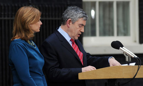 Gordon Brown resigns, accompanied by his wife, Sarah, on 11 May 2010.