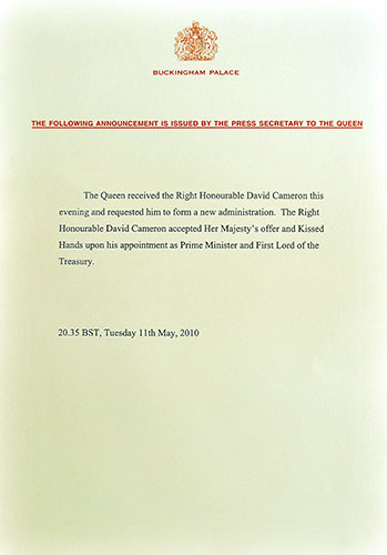 Cameron's big day: The official Buckingham Palace document