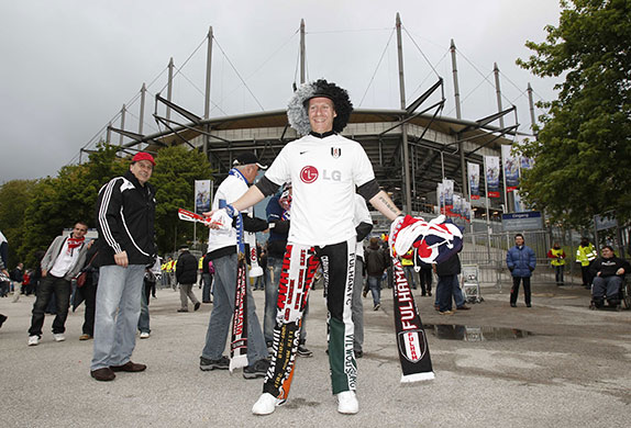 Europa League Final: Fulham fan wearing trousers made from scarves