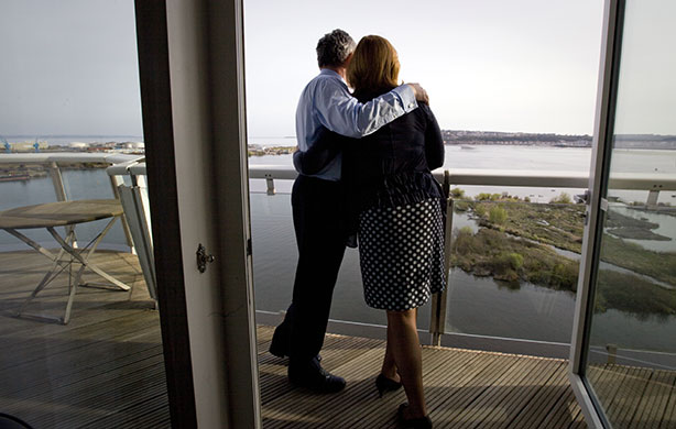 The Guardian's election : Prime Minister Gordon Brown and wife Sarah on the balcony of their hotel 