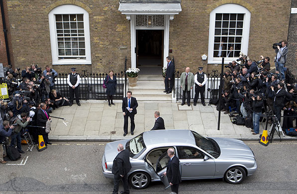 The Guardian's election : David Cameron arrives at St Stephen's club to make a speech to the media
