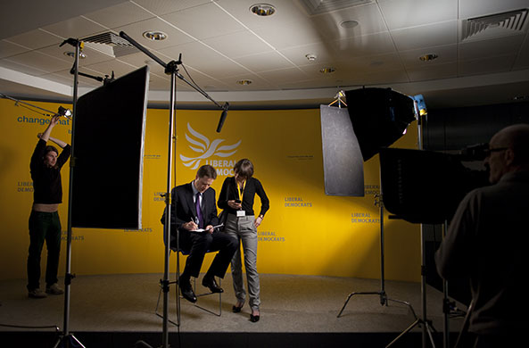 The Guardian's election : Nick Clegg prepares a message at The Work Foundation in Westminster