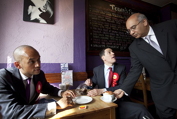 The Guardian's election : Chuka Umunna, David Miliband and Keith Vaz at a cafe in Streatham