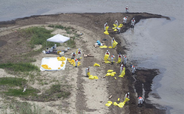 Deepwater Horizon: Gulf Oil Spill Begins To Reach Land :  Workers clean up oil along a beach