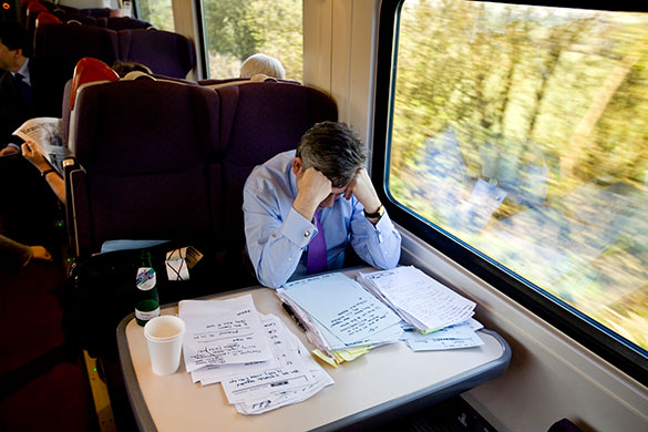 Guardian election: GOrdon Brown working on a speech on train to Birmingham
