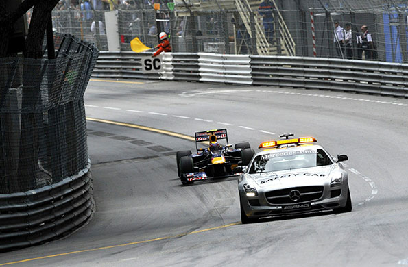 Monaco grand prix: Mark Webber drives behind the safety car  