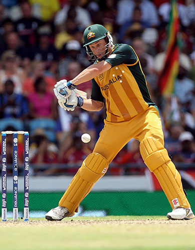 world twenty20 final: David Hussey  keeps his eye on the ball as he playus a stroke
