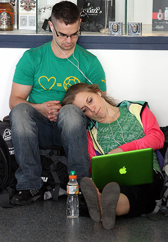 Volcanic ash: A couple waiting after flights were cancelled at Newcastle Airport