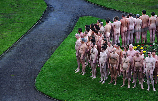 Spencer Tunick Nude models prepare to pose for Spencer Tunick in Peel Park