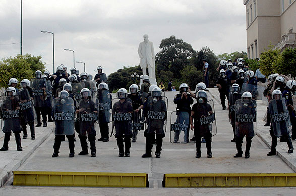 24 Hour Protest: Riot police near the Greek Parliament in 24 hour protest in Athens, Greece 