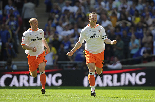 Play off Final: Charlie Adam celebrates 1st goal for Blackpool