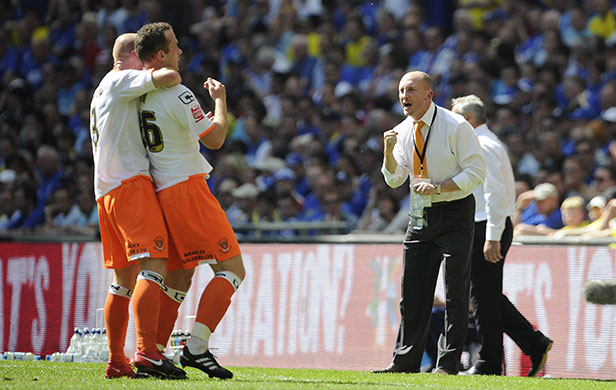 Play off Final: Blackpool boss Ian Holloway celebrates their first goal