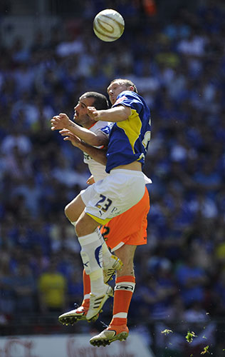 Play off Final: Cardiff's Darcy Blake climbs above Gary Taylor-Fletcher