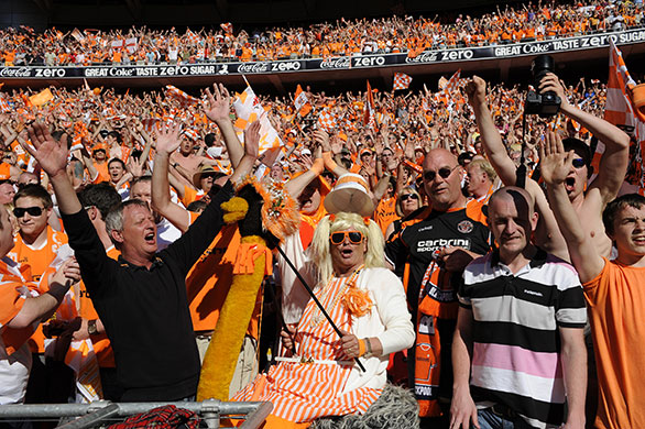 Play Off Final: Blackpool fans celebrate at the end of the game