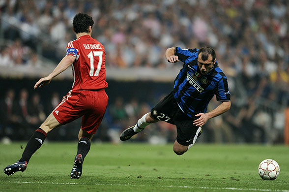 Champions League Final: Goran Pandev takes a tumble after a challenge by Mark van Bommel 