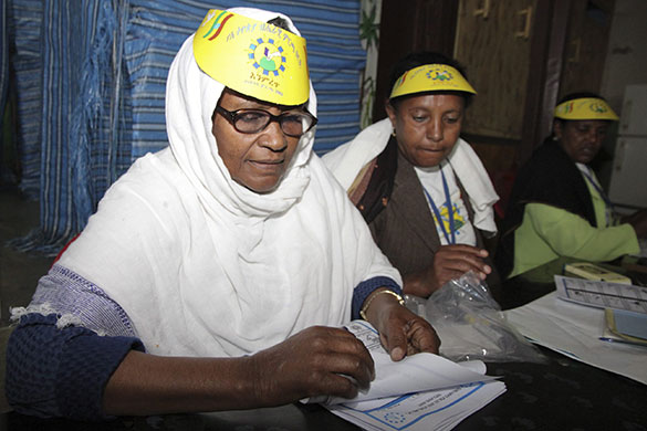 Ethiopia elections: Electoral staff work at a polling station in central Addis Ababa