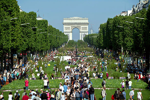 Champs-Elysees greenery: Visitors stroll on the Champs-Elysees avenue
