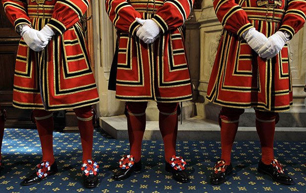 state opening: The Yeomen of the Guard line up inside the Palace of Westminster