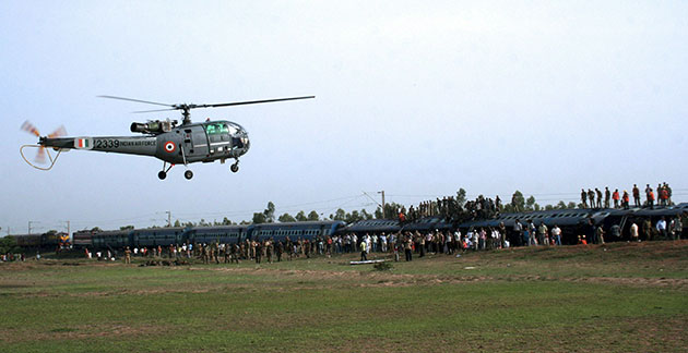 India train crash: An Indian Air Force  helicopter at the scene