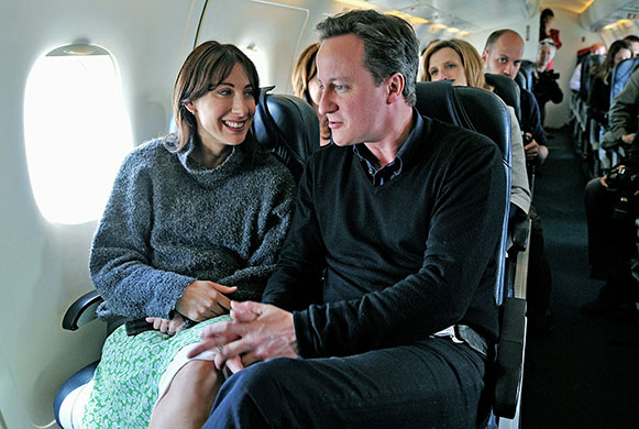 Election week five: Party Leader David Cameron on a private plane as they fly from Blackpool