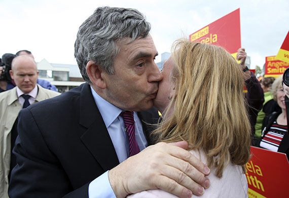 Election week five: Gordon Brown kisses Labour Candidate Angela Smith in Basildon
