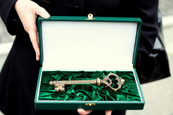 Tram key: Council Leader Jenny Dawe is presented with a special tram key 