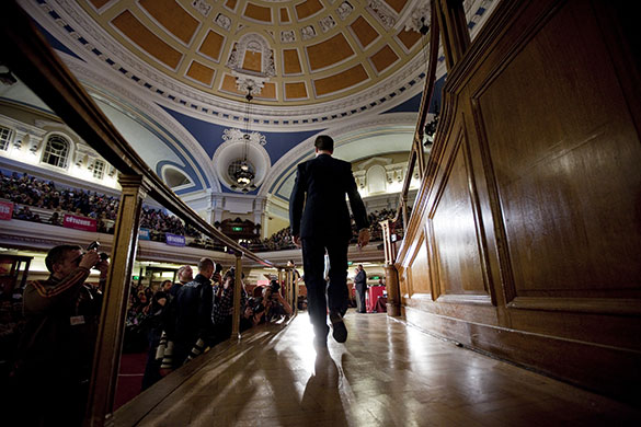 Campaigning with Clegg: Nick Clegg walks on stage for the Citizens UK election assembly