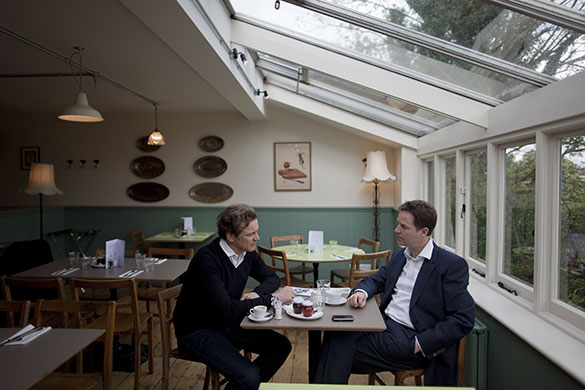 Campaigning with Clegg: Nick Clegg having a coffee with actor Colin Firth in Putney